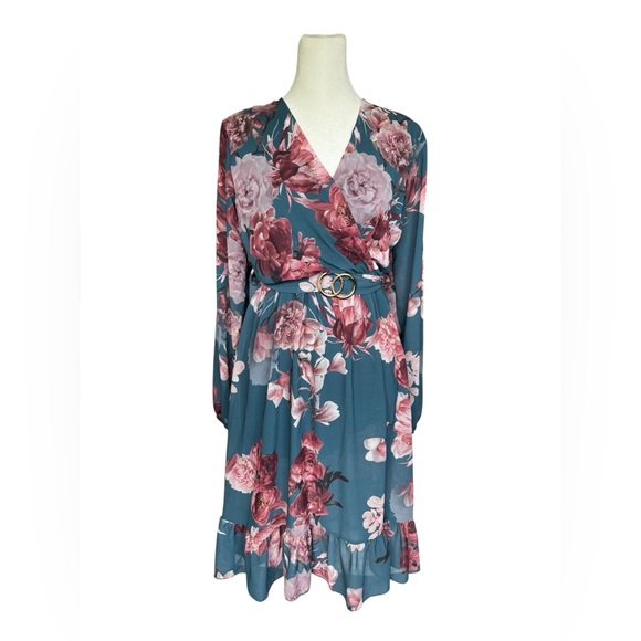 Blue V-Neck Wrap Sundress with Bishop Sleeves - Picture 1 of 4